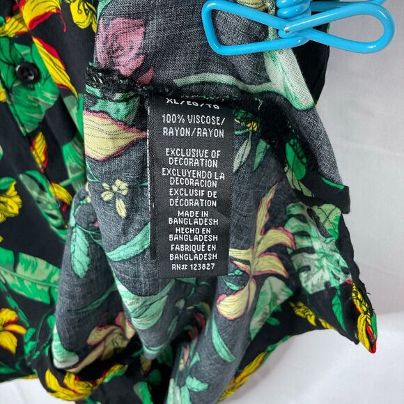 Good Vibes Men's XL Hawaiian Shirt Short Sleeve Button-Up Black Green Floral VTG - Picture 6 of 8